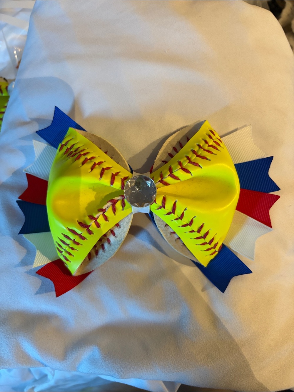 Yellow Softball-Themed Hair Bow with Red Stitching and Ribbon Accents